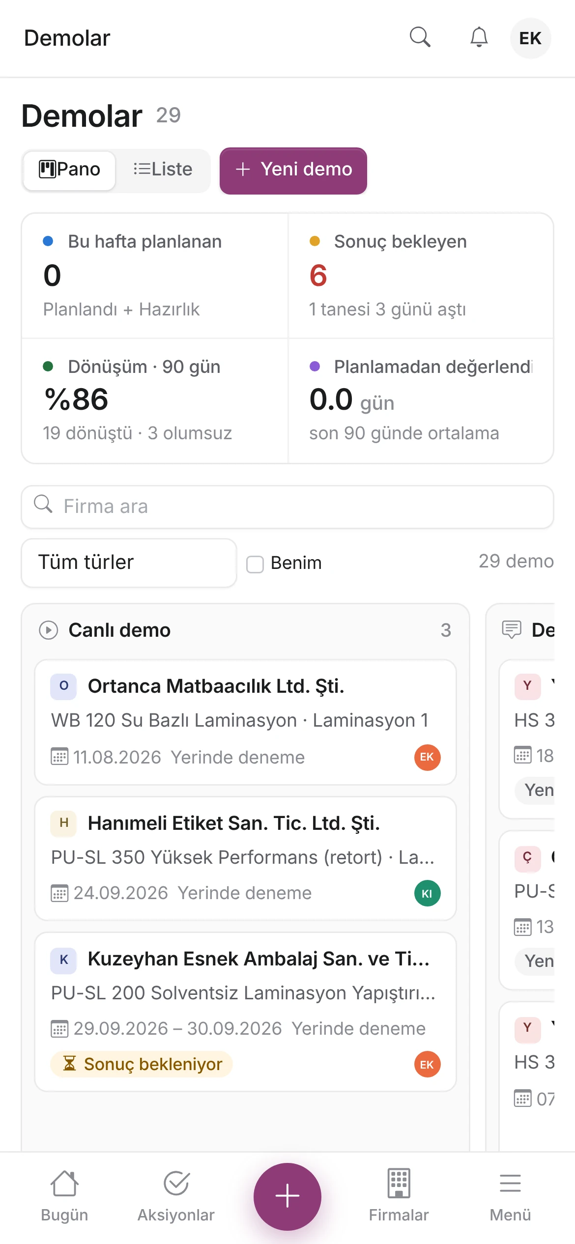 Ziyaret konumda, demo aşamada — Solk ekranı, örnek veri