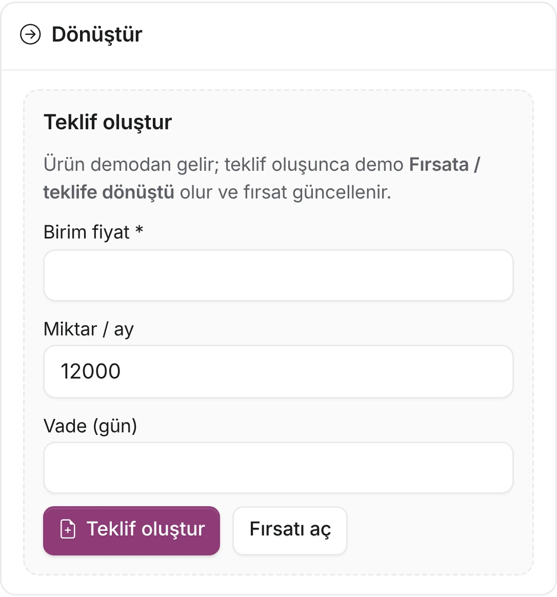 Olumlu demo teklife döner — Solk ekranı, örnek veri